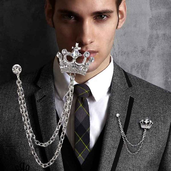 

new european and american fashion retro crown chain long winter men's brooch suit sweater brooch collar pin, Gray