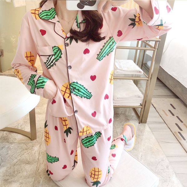 

pink cactus womens pajamas set turn-down collar cute home clothes sleepwear ladies, Black;red