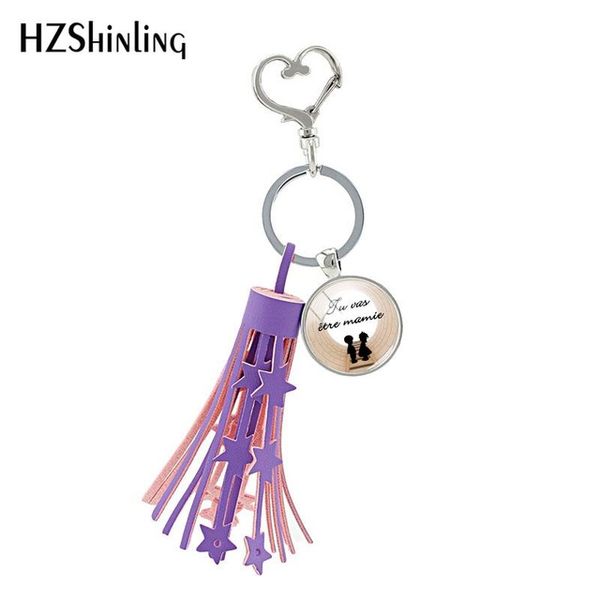 

2019 new tu vas etre mamie papi heart tassel keychain gifts for you tassel keyring glass cabochon jewelry, Silver
