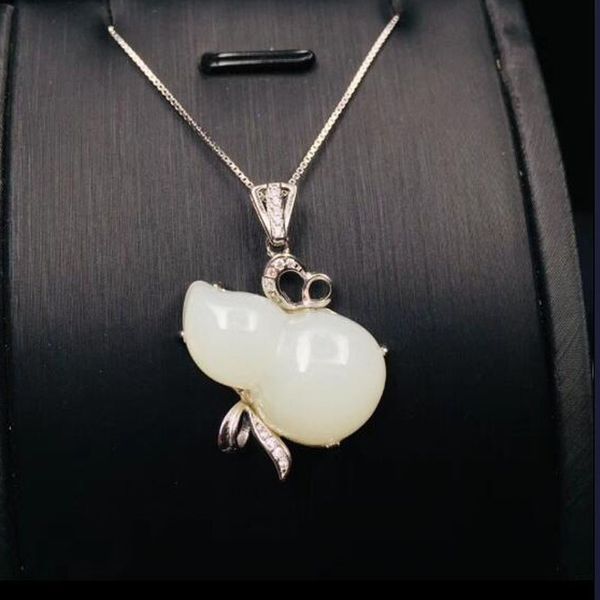 

925 sterling silver white hetian jade carved gourd design lucky pendant + chain necklace fine jewelry charm gift