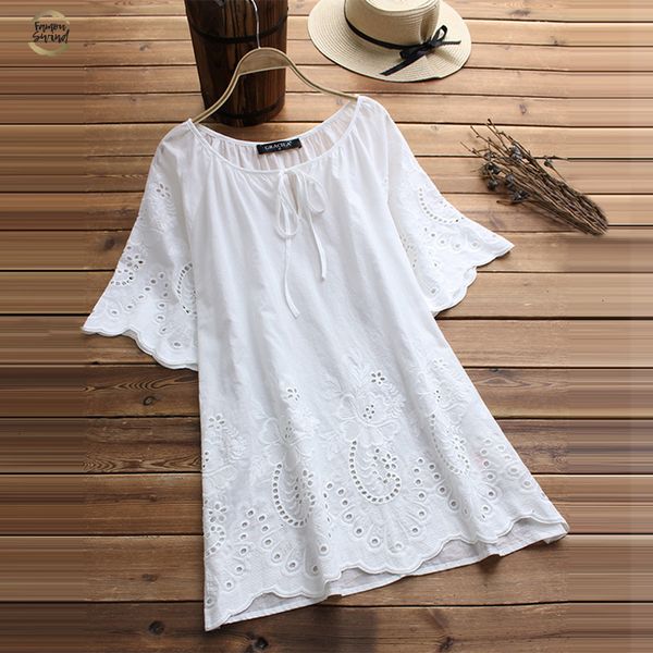 

white women blouse fashion short sleeve blusa oversized female vintage hollow floral embroidery casual solid shirt summer