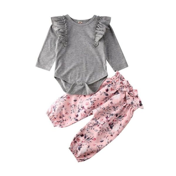 

0-18M Newborn Baby Girl 2PCS Clothes Sets Solid Long Sleeve Knitted Romper Floral Pants Trouser Outfit Set