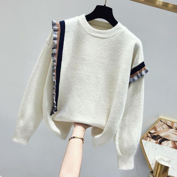 

contrast color knitted sweater women korean fashion new autumn winter sweet ruffle sweaters pullover pull jumper f530, White;black