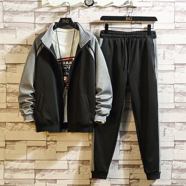 

colorblock водолазку sweatsuits set мужчины trend красивый студент вязаные штаны два-piece set мужской костюм большого размера 5xl, Gray