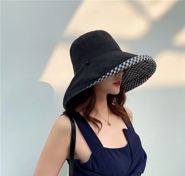 

2020 plaid fisherman hat female korean version joker japanese system double side spring/autumn sun protection summer big along the sun hat, Blue;gray