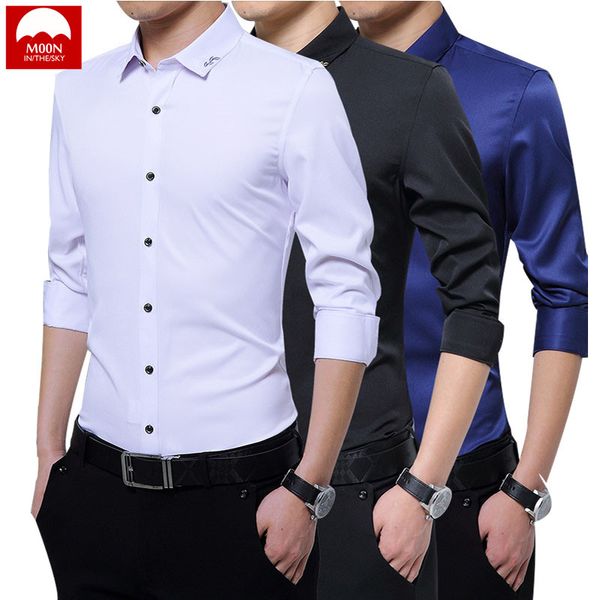 

moon men shirts new arrivals anti-crease finish slim fit male shirt solid long sleeve british style cotton men's shirt cs-001, White;black
