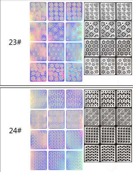

beauty salon 24 type hollow laser nail art sticker stencil set gel polish nail vinyl tip transfer guide template nail decals stickers, Black