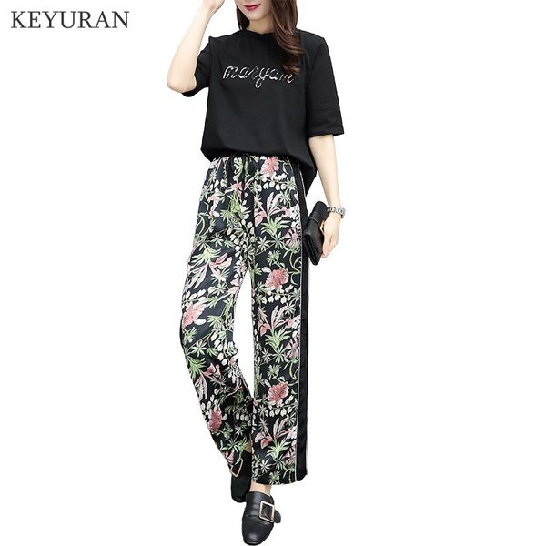 

новый 2018 летняя мода женщины черный письмо вышивка с коротким рукавом топы футболка + черный цветочный принт широкие брюки 2 шт комплект, White