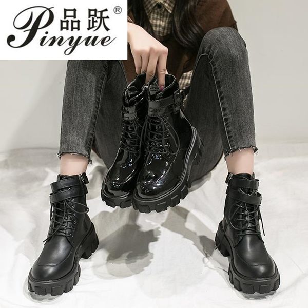 

boots women fashion solid leather middle lace-up thick boots round toe shoes outdoor pu leather winter female shoes, Black
