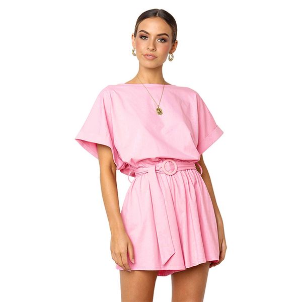

women casual scoop neck short sleeve jumpsuit with belt for summer jl, Black;white