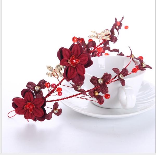 

wedding red flowers bride headdress wedding toast red hair ornament, Slivery;golden