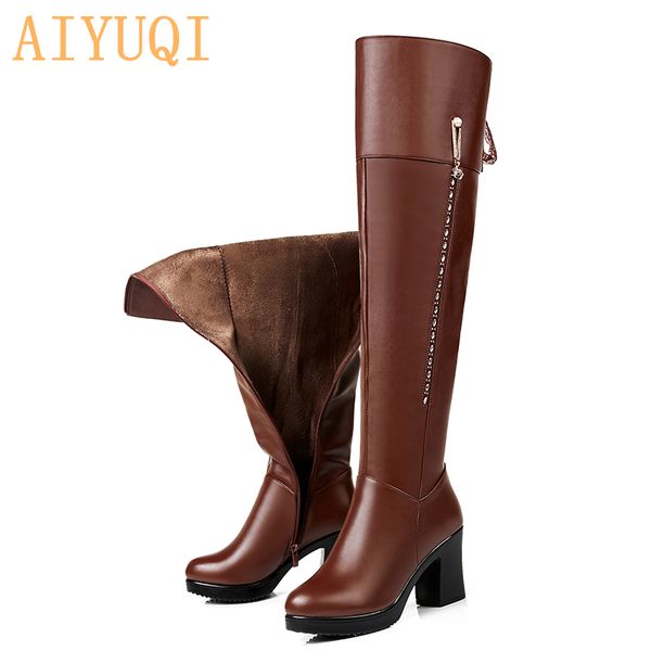 

aiyuqi female over the knee boots 2019 new genuine leather female motorcycle boots high-heeled fashion winter shoes women, Black