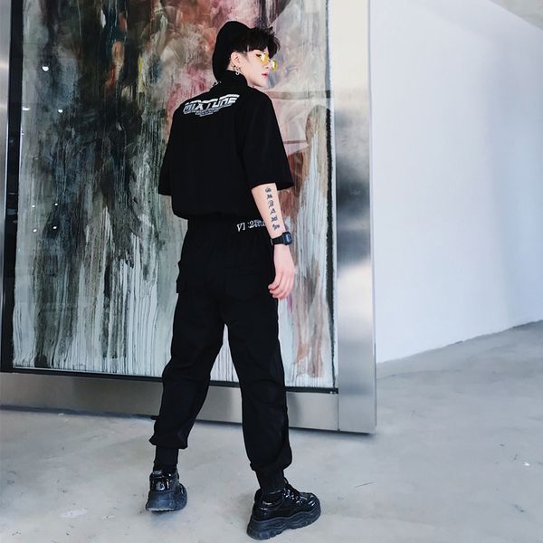 

men streetwear hip hop style black harem overalls pants male summer short sleeve thin slim fit casual jumpsuits cargo trousers