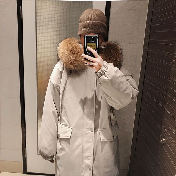 

winter new jacket men fashion thick warm casual fur collar hooded coat man streetwear wild loose cotton male clothes -2xl, Tan;black