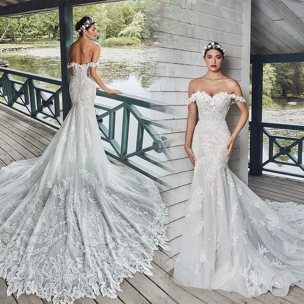 

элегантный off плеча русалка свадебные платья 2020 sexy backless аппликация кружева свадебные платья с поезда суда, White