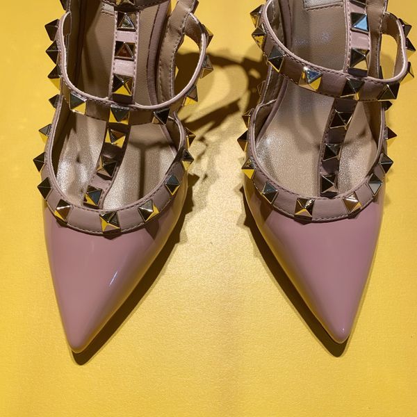 

casual designer lady fashion brand women purple patent leather studded spikes point toe high heels bride wedding shoes 6.5cm 9.5cm, Black