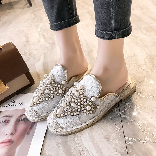 

spring women loafers straw fisherman flat heel shoes rhinestone faux pearl espadrilles woman flats, Black