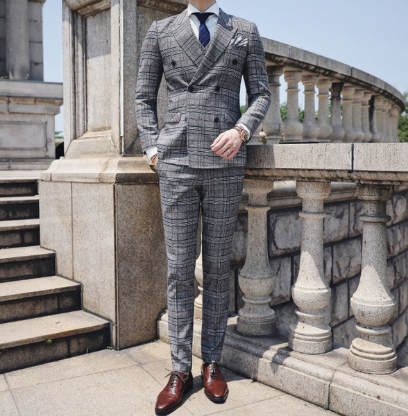 

2020 men's autumn suit new lattice double-breasted suit men's three-piece slim lapel men, White;black