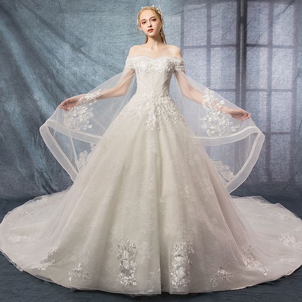 

shoulder heavy work wedding dress new bride long tail luxury princess dream slim, White