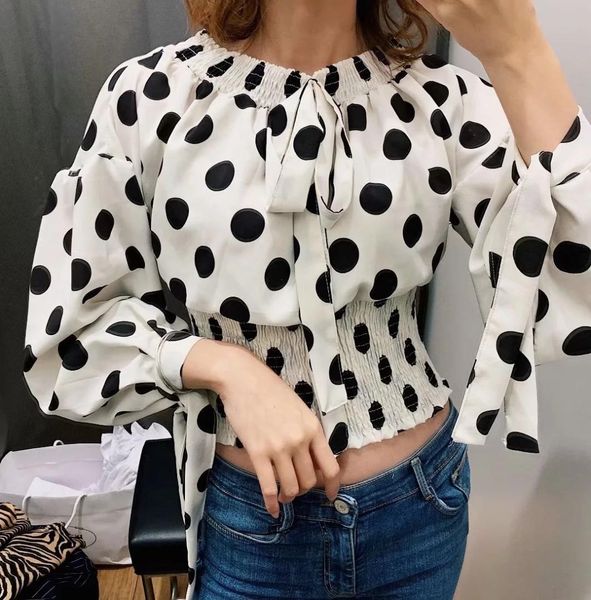 

woman polka dot print blouses ruffle blouse, White