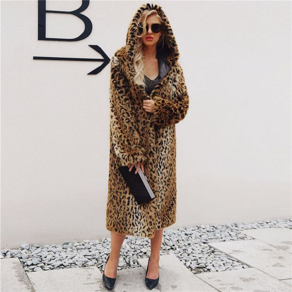 

lanshifei 2018 new design young girl faux fur coat leopard print long coat for lady long fur jacket women style parka, Black