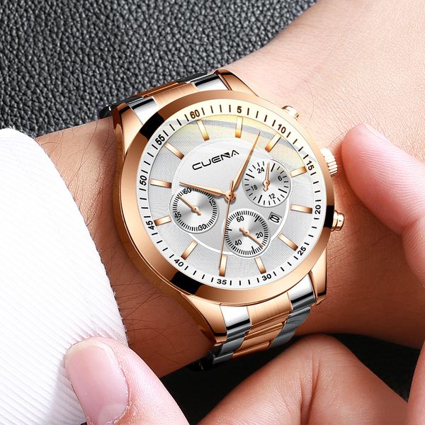 

new watches men cuena business steel belt relogio masculino watch three eyes six-piece calendar reloj quartz wristwatches, Slivery;brown