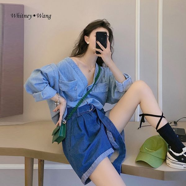 

whitney wang blouses 2020 summer fashion streetwear v-neck oversize denim blouse women blusas lady jean shirt top, White