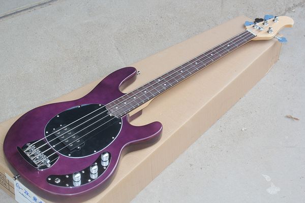 Baixo elétrico roxo de 4 cordas personalizado de fábrica com escala de jacarandá, pickguard preto, ferragens cromadas, oferta personalizada