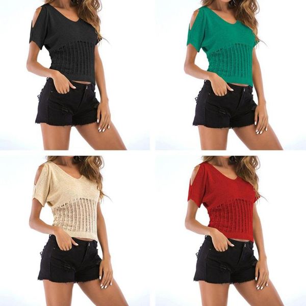 

yfashion women hollow out knitwear thin off shoulder short sleeve shirt, White;black