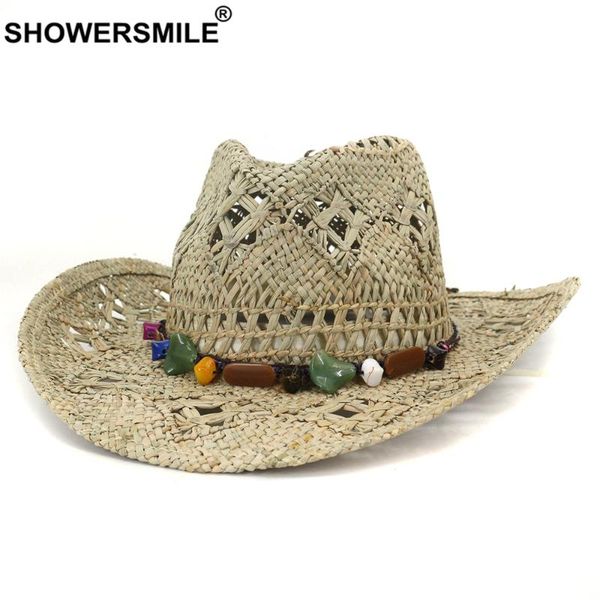 

showersmile straw cowboy hat summer men womens hats handmade sun hat for men cowgirl false gem decoration beach cap panama