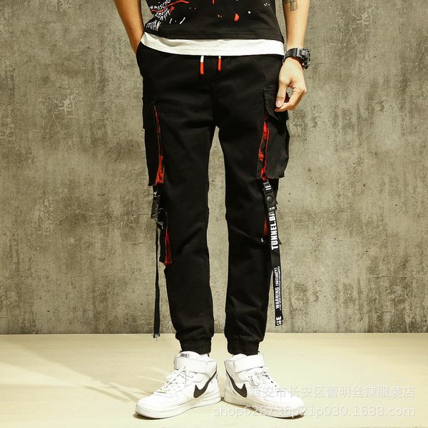 

side pockets ribbon buckles cargo harem pants 2020 hip hop casual joggers pants streetwear fashion sweatpants trousers, Black