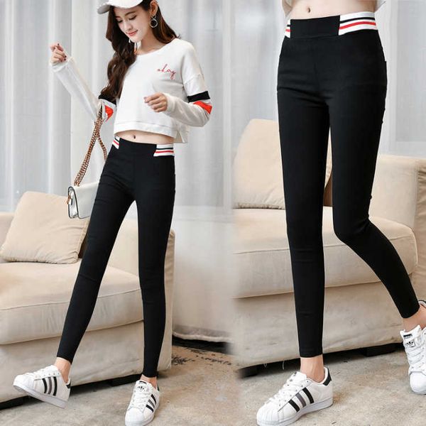 

2019 ribbon joint high-waisted elasticity thin type for spring and autumn leggings women's pants batch, Black