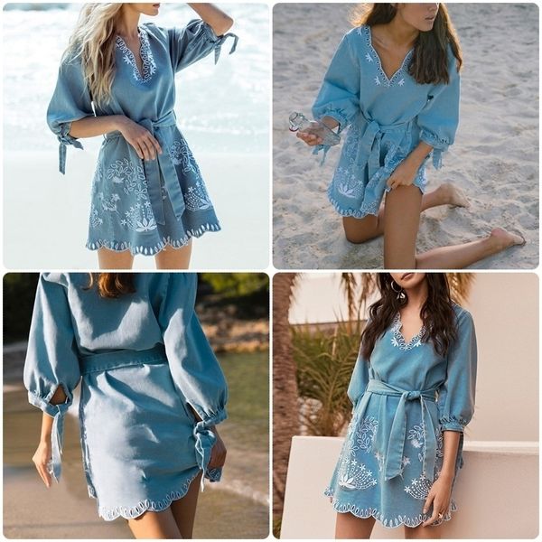

women designer clothes womens dresses summer v neck embrodiery denim dress women short blue jeans dresses casual ladies beach dress, Black;gray