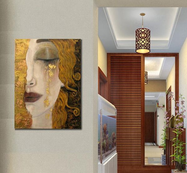 Wandkunst Goldene Tränen Ölgemälde Reproduktion Gustav Klimt Frau in goldenen schönen Kunstwerken für Wohnzimmer Schlafzimmer Dekor handgefertigt hochqualität groß