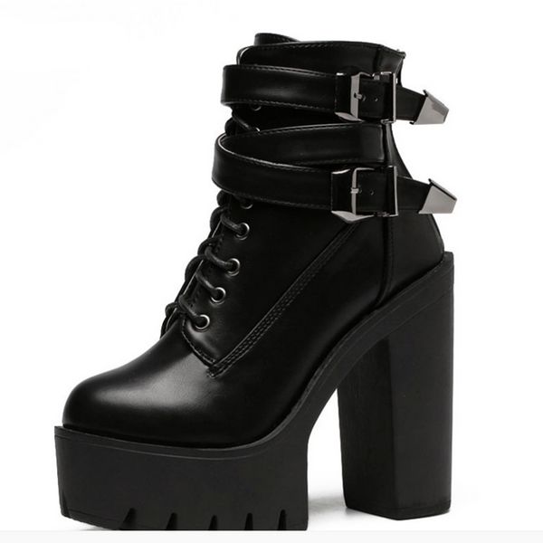 

spring autumn fashion women boots high heels platform buckle lace up leather short booties black ladies shoes promotion