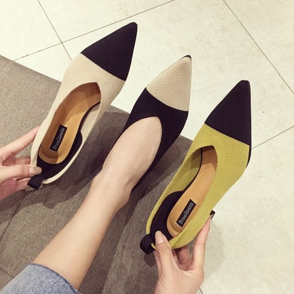 

women's shoes mixed color wool knitted loafers mujer footwear med square heels pointed pumps korean slip-on femme high heel shoe, Black