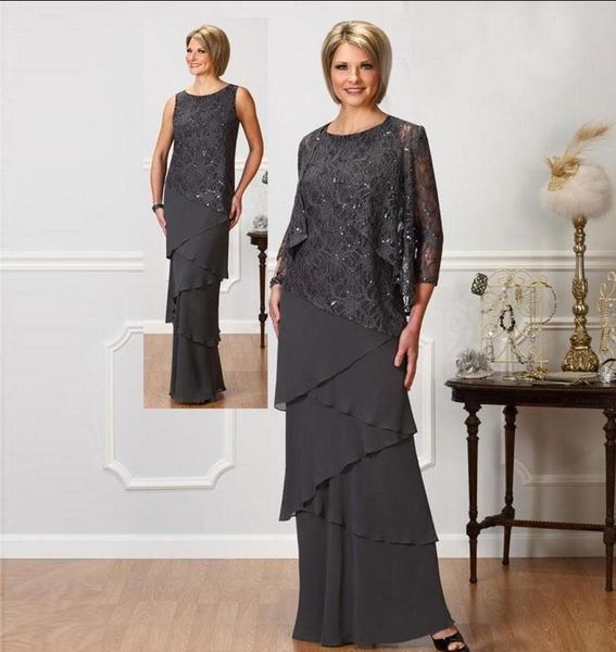 

gray lace mother of the bride dresses with long sleeves jackets jewel neck sequined evening gowns floor length wedding prom dresses, Black;red