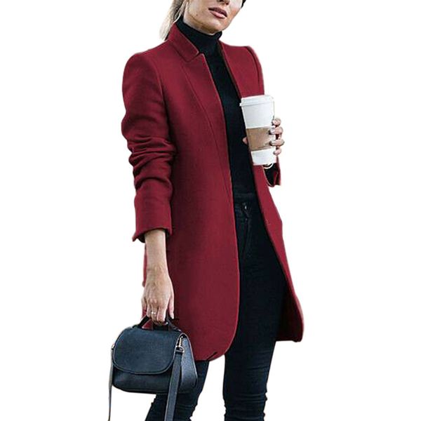 

office ladies women wool coat fashion elegant long outdoor outwear shopping slim fit winter warm solid trench stand collar, Black