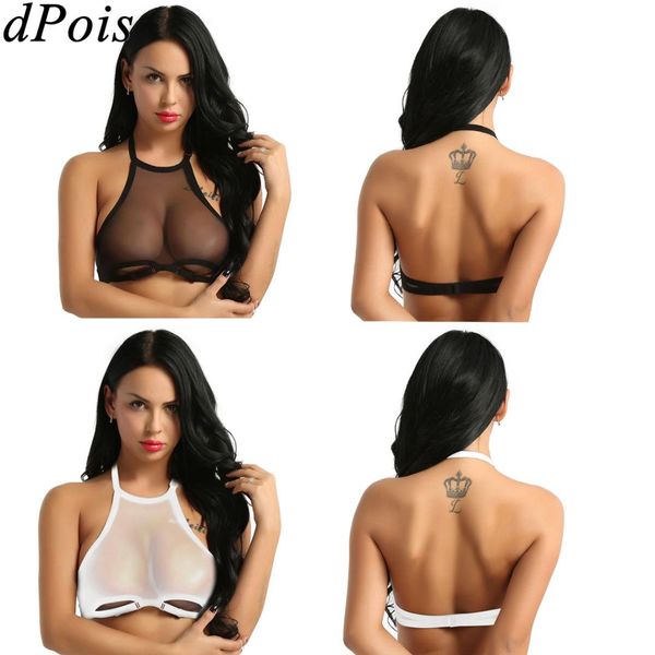 

2019 womens soft mesh see through sheer lingerie bra bikini halter neck hollow out wire unlined cups swimwear