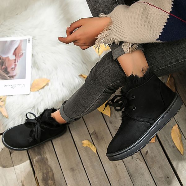 

women's warm boots 3 colors women fashion round toe suede short snow booties lace up winter warm over edge short-plush shoes, Black