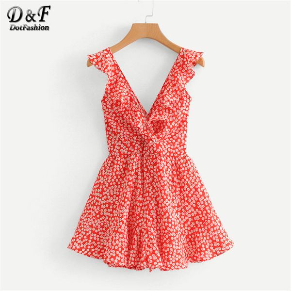 

dotfashion calico print ruffle trim knot back romper summer sleeveless v neck romper women red high waist beach vacation, Black;white