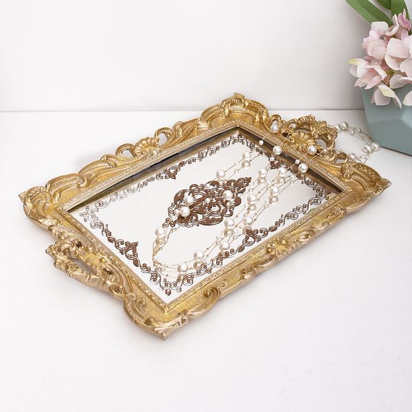 

[ddisplay]retro style golden mirror jewelry plate vintage bracelet organizer tray classical necklace storage glamour earrings display holder, Golden;white