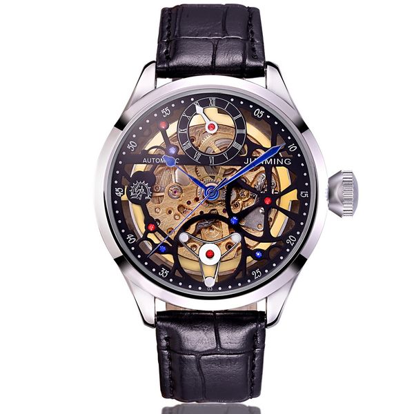 

new leather belt big dial skeleton men automanic wrist watch, Slivery;brown