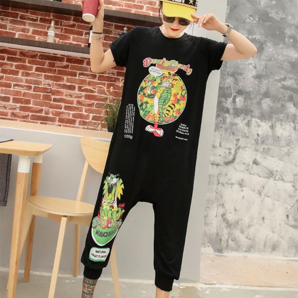 

summer women's one-piece casual pants 2019 summer thai tide brand cartoon printing loose jumpsuit women, Black;white