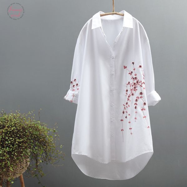 

long women white shirts 2019 spring summer new 100% cotton loose flower embroidery long sleeved bottoming shirts