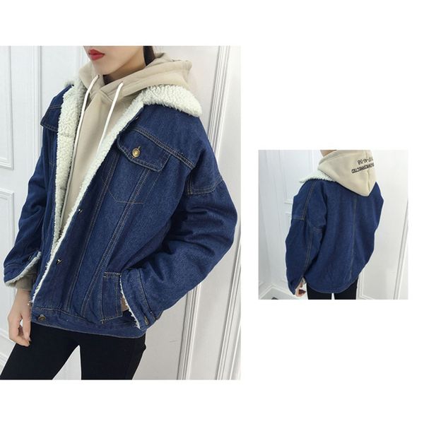 

spring autumn winter new 2019 women lambswool denim coat with 4 pockets long sleeves warm coat outwear wide denim jacket, Black