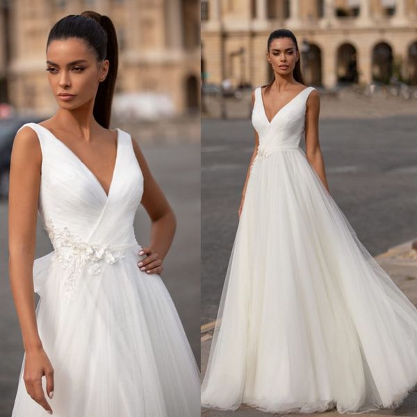 Abiti da sposa semplici A Line Millanova senza maniche Spaghetti Tulle Applique in pizzo Abiti da sposa Lunghezza del pavimento robe de mari￩e