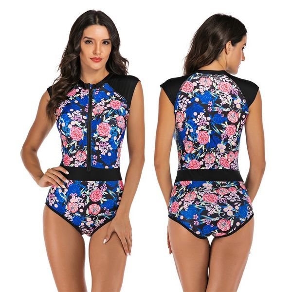 

2020 one piece swimsuit half sleeve swimwear women bathing suit backless high neck print floral swimming surfing suit beach wear, White;black