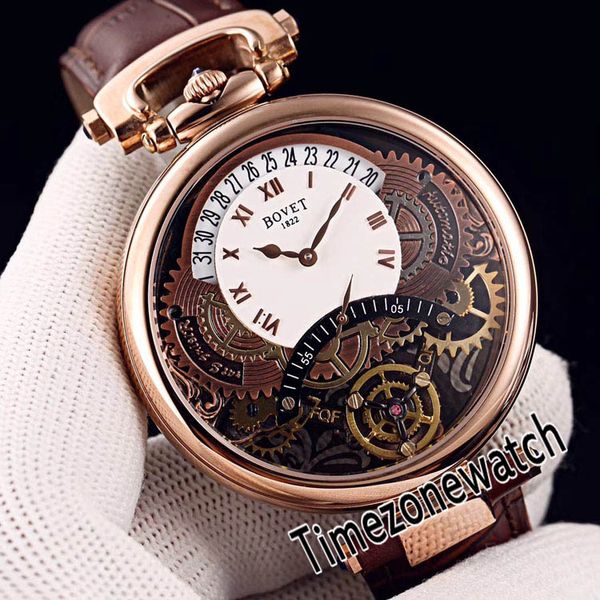 Bovet Amadeo Fleurier Tourbillon Orologio da uomo al quarzo svizzero Scheletro in oro rosa Quadrante bianco Marcatori romani Orologio fuso orario in pelle marrone E10a1