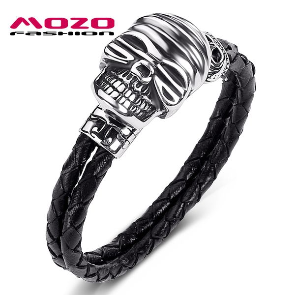 

fashion men jewelry black double layer leather bracelet stainless steel punk mummy skull charm exaggeration bracelet ps1034, Golden;silver